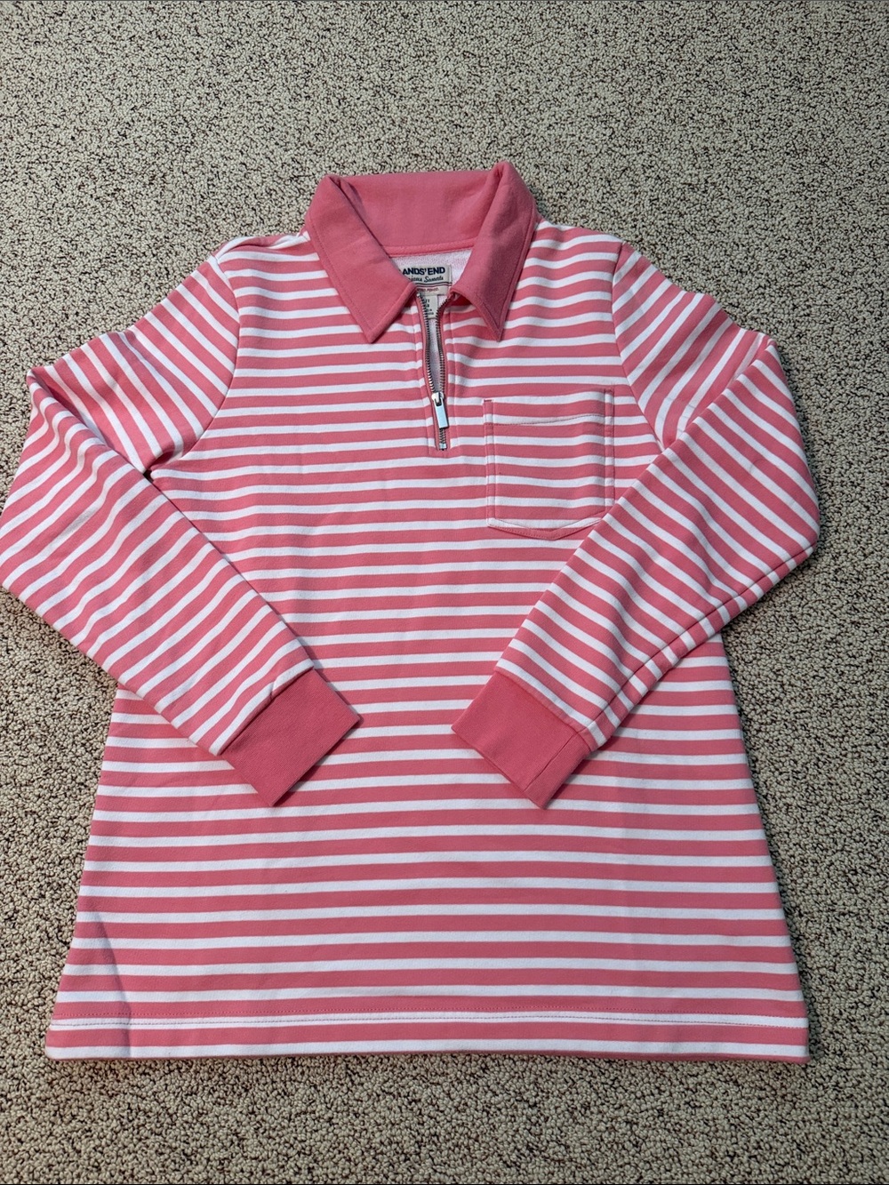 Lands' End Serious Sweats Coral Pink and White Striped Half-Zip Polo Top
